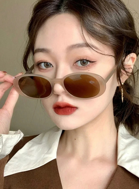 速发级感茶色墨线韩圆韩版防紫外镜太椭版形街拍装饰镜