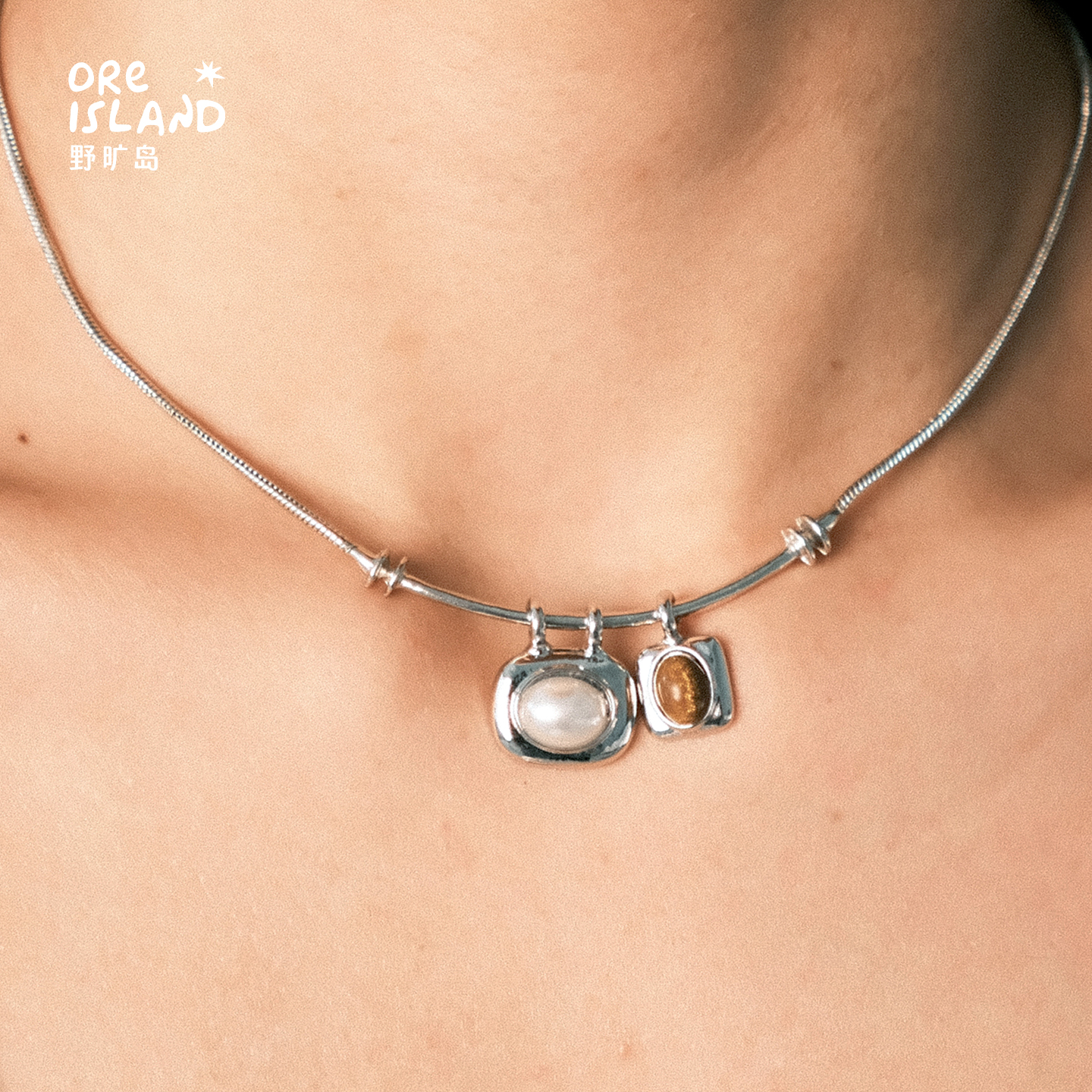 野矿岛木纹石吊坠项链锁骨链