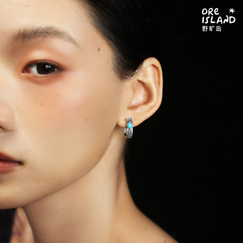 野矿岛绿松石玫瑰耳饰925银简约圈镶嵌个性原创设计复古时尚耳环