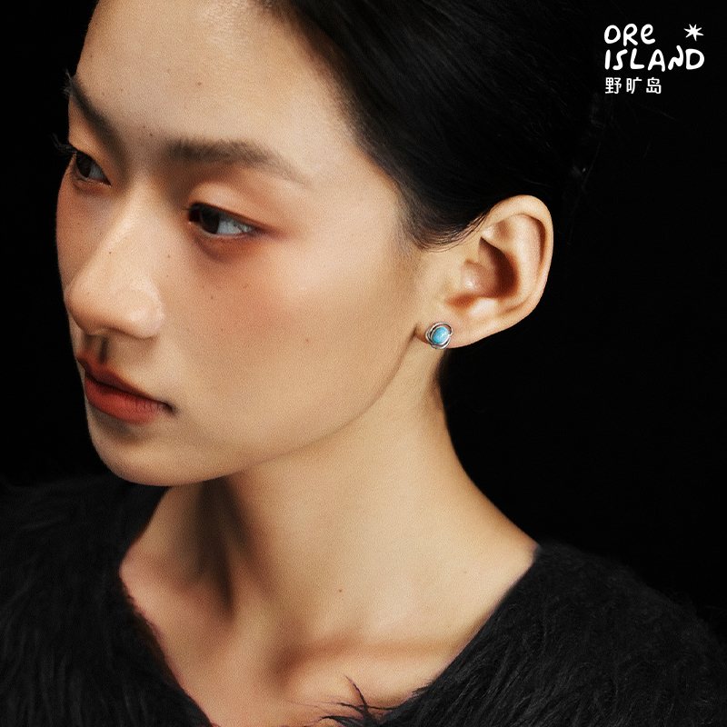 野矿岛绿蓝松石925银通勤耳饰耳钉镶嵌个性原创设计中性耳钉帅气