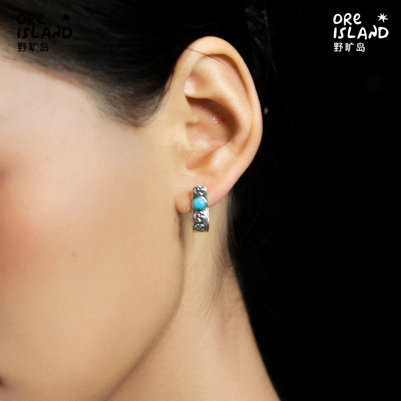 野矿岛925银绿松石玫瑰耳饰耳圈镶嵌个性原创设计复古时尚耳环