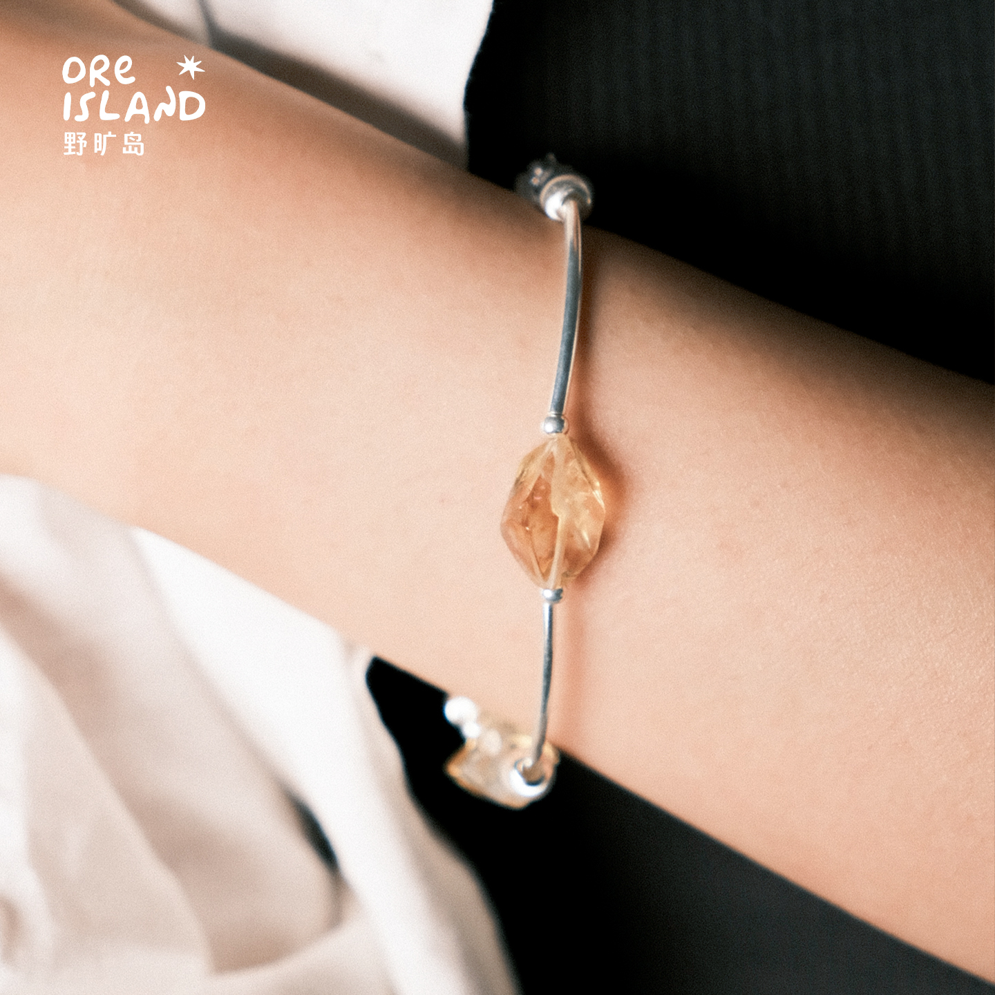 野矿岛S925银猫眼石黄水晶手链拼接弯管新中式设计小众女