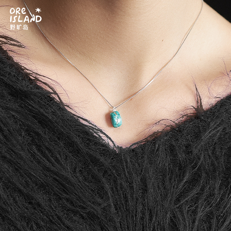 野矿岛925银天然原矿蓝绿松石锁骨链吊坠项链原创设计简约高级