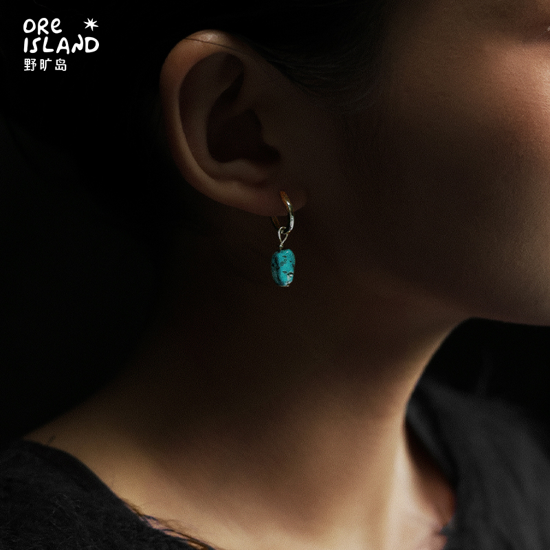 野矿岛原矿天然蓝绿松石925银耳饰原创设计耳环耳圈中性不规则
