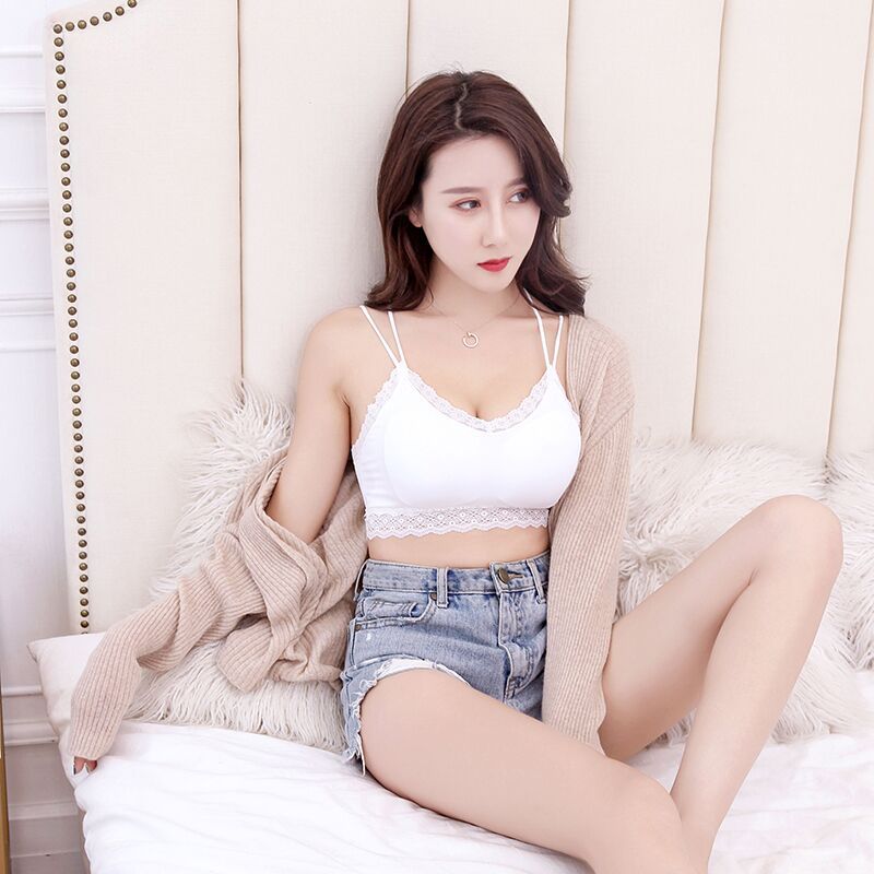 夏季冰肌蕾丝螺纹美背裹胸交叉吊带背心女冰丝带胸垫性感内衣