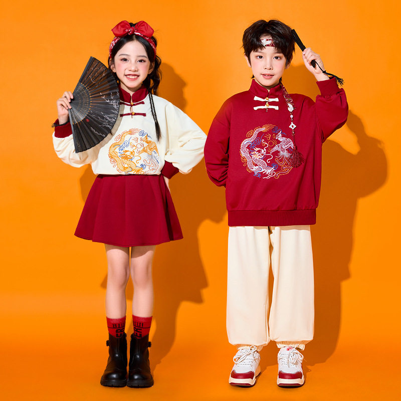 儿童元旦演出服龙纹中国风服装合唱服汉服喜庆表演古装男童唐装女