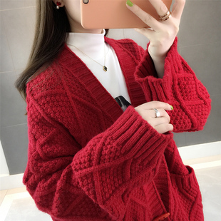 春秋装2019新款女装红色慵懒风韩版宽松加厚粗棒针织开衫毛衣外套