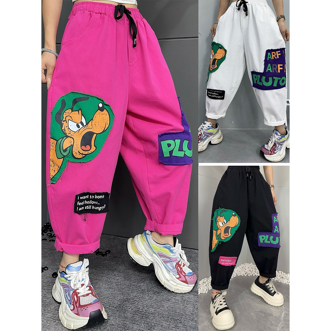 个性洋气宽松休闲裤女2025年秋季新款卡通印花贴布百搭显瘦哈伦裤