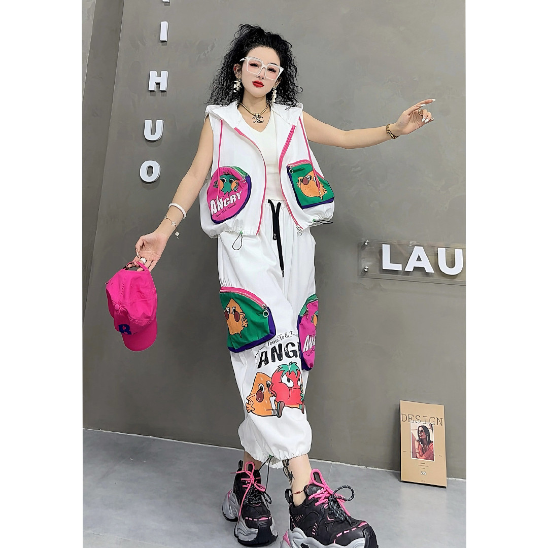 春季连帽马甲哈伦裤女两件套