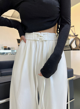ebenb 白色绑带运动裤女秋冬高腰直筒阔腿裤加绒灰色拖地休闲卫裤