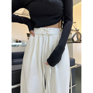 ebenb 白色绑带运动裤女秋冬高腰直筒阔腿裤加绒灰色拖地休闲卫裤