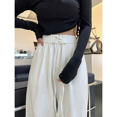 ebenb 白色绑带运动裤女秋冬高腰直筒阔腿裤加绒灰色拖地休闲卫裤