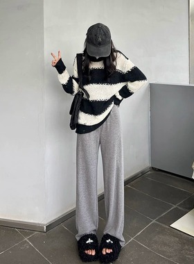 ebenb 针织仿羊绒阔腿裤女秋冬2024新款高腰百搭雪尼尔加绒休闲裤