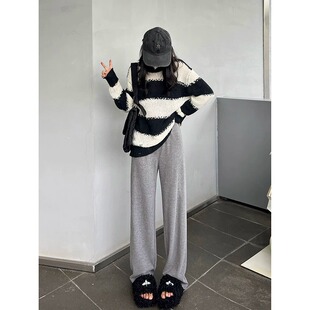 ebenb 针织仿羊绒阔腿裤女秋冬2024新款高腰百搭雪尼尔加绒休闲裤