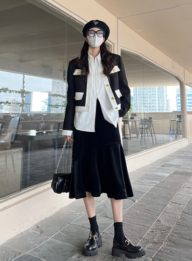 ebenb黑色金丝绒半身裙女春秋灰色高腰a字包臀伞裙中长款鱼尾裙冬