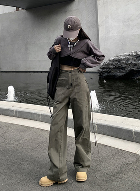 ebenb 军绿色美式工装裤女春秋高腰直筒阔腿裤女小个子拖地裤子女