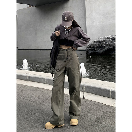 军绿色美式高腰工装裤