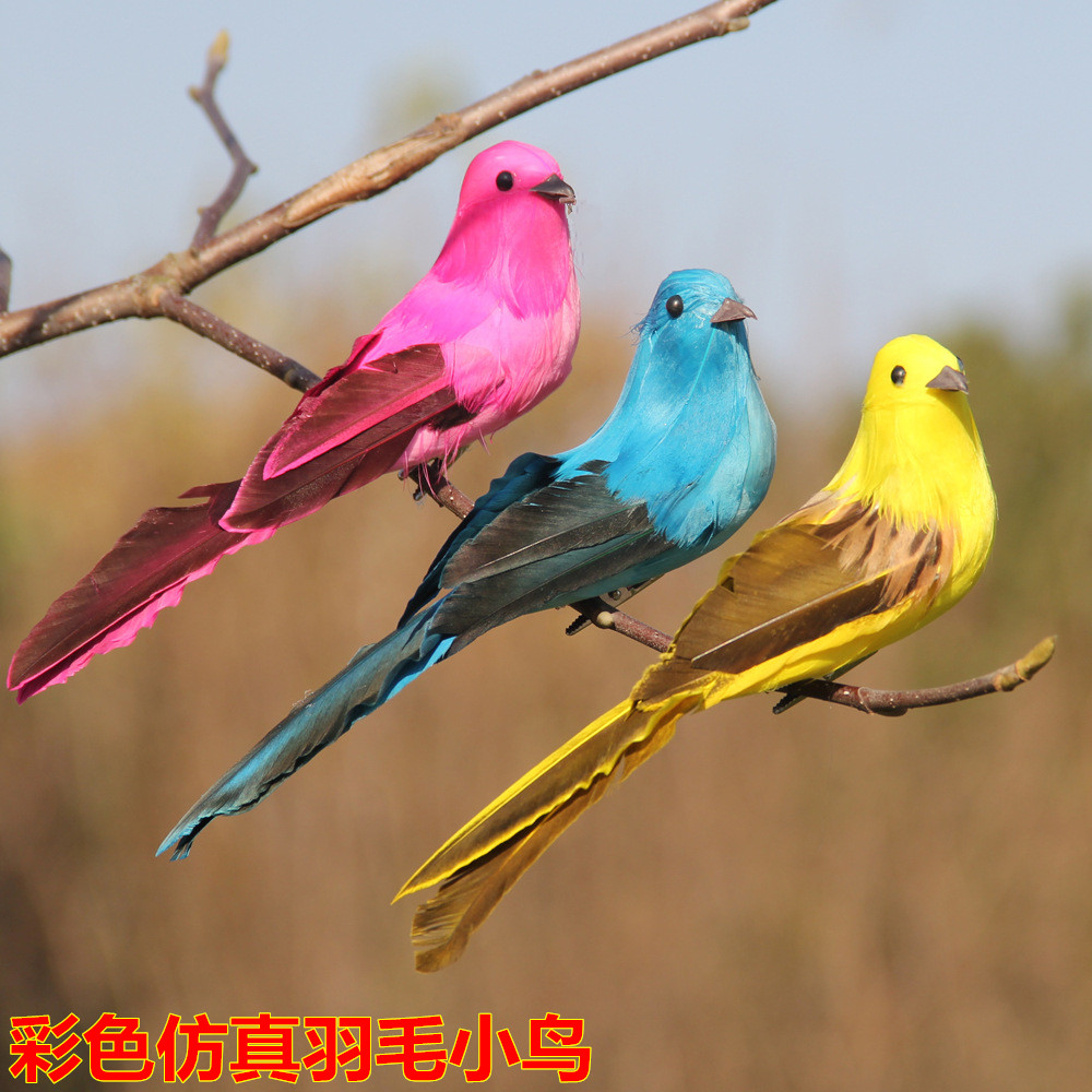 仿真小鸟装饰品道具摆件彩色真羽毛泡沫假鸟墙面壁挂园林树枝鸟笼