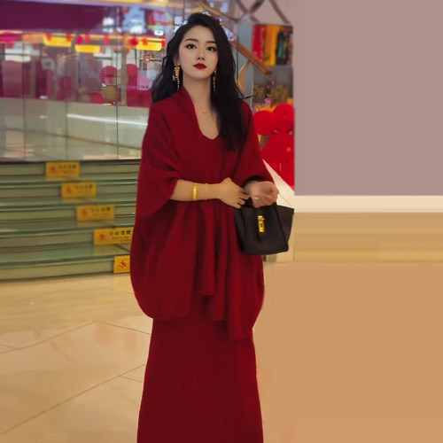 七分袖纯色针织开衫女毛衣裙套装