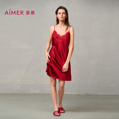 爱慕婚礼之夜红品睡衣女含真丝性感蕾丝细带吊带睡裙AM42A051