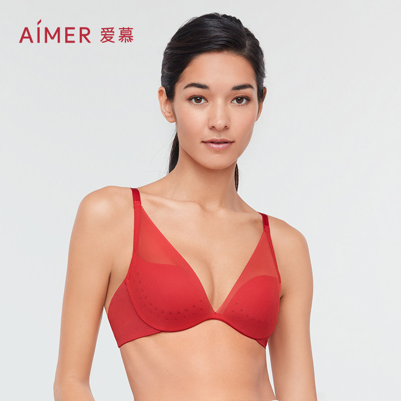 爱慕内衣女红色本命年结婚洞洞杯透气文胸网纱美背文胸内裤套装