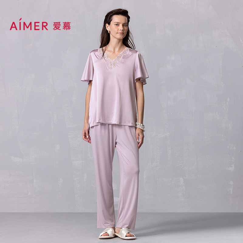 爱慕25春夏丝润睡衣女含桑蚕丝轻薄套头短袖长裤家居套装AM46A842