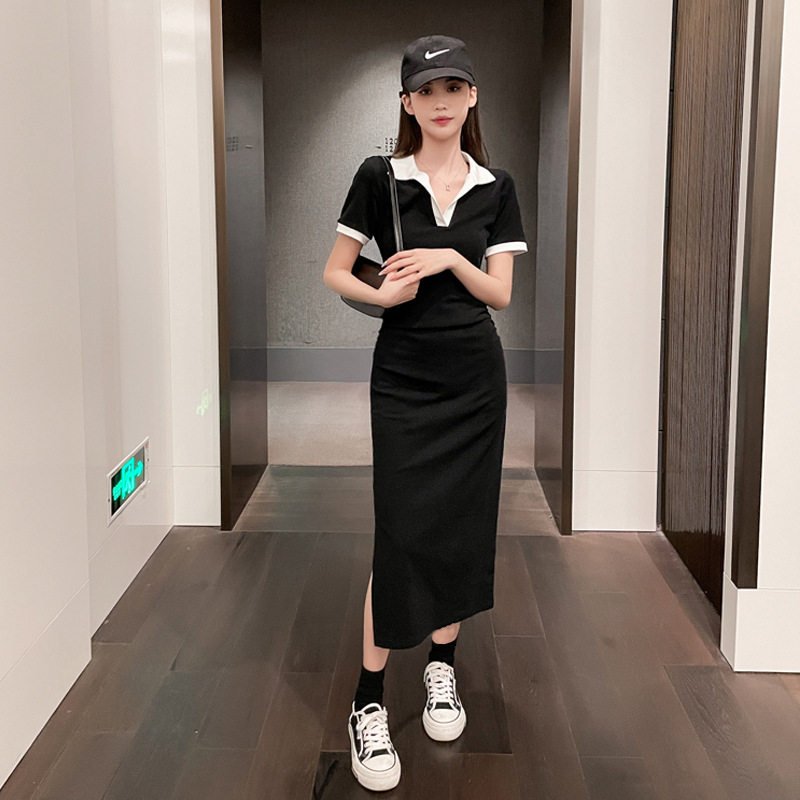 黑色polo连衣裙2026春夏新款女收腰显瘦学院风裙子气质侧开叉长裙