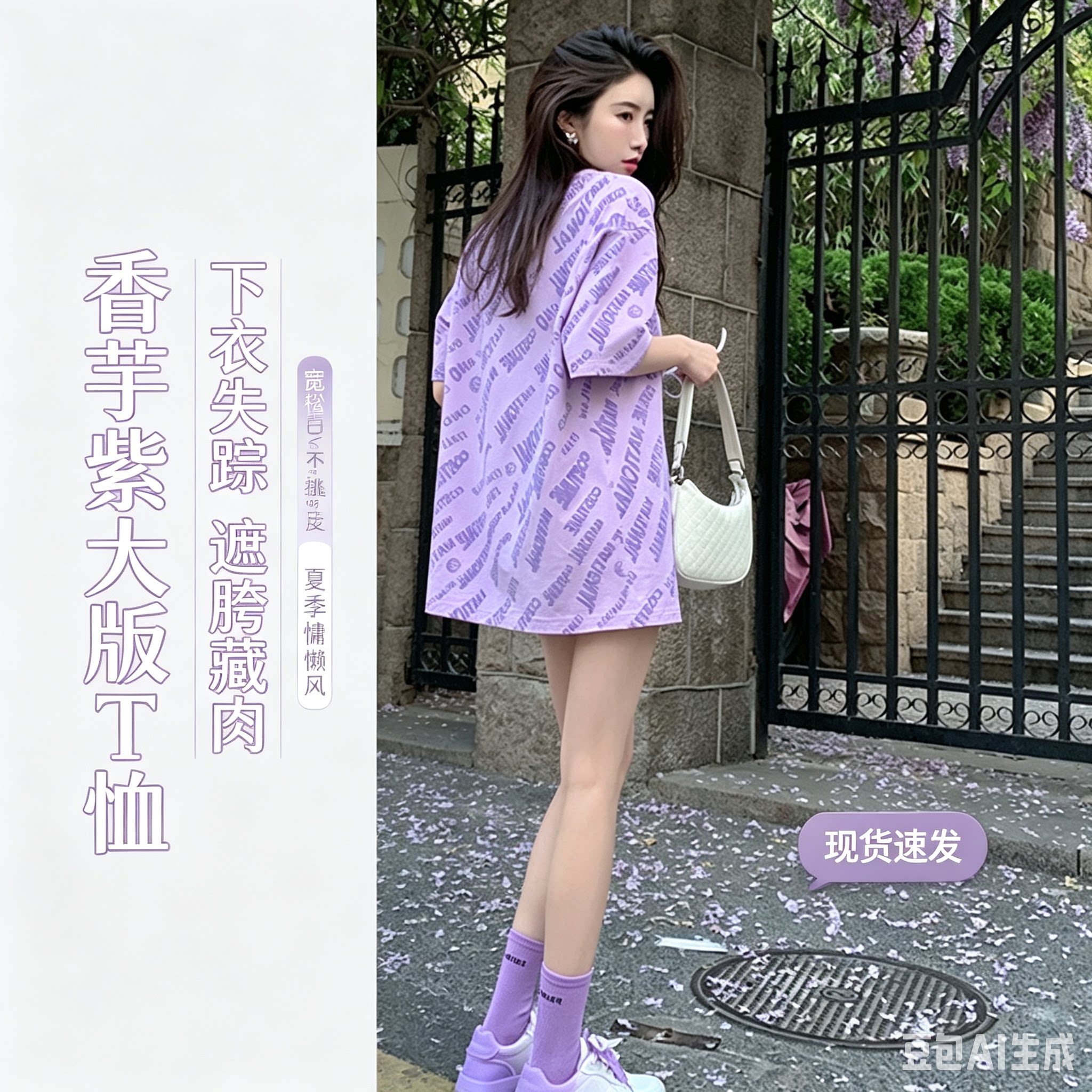 高级感时尚紫色T恤女夏季ins宽松下衣失踪短袖上衣中长款KH38+5