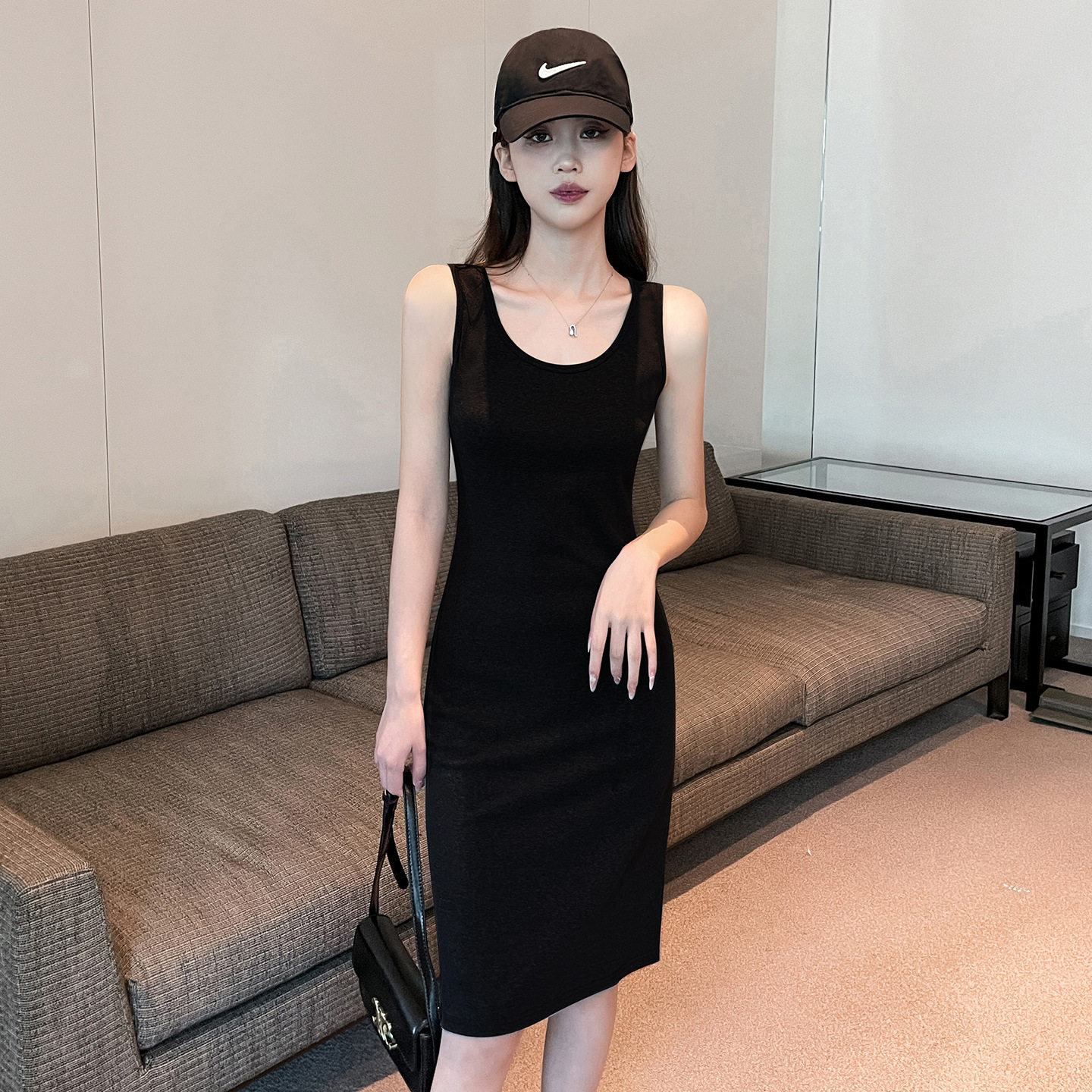 纯欲好比例夏季纯色显瘦短款针织中长裙修身背心吊带裙连衣裙女