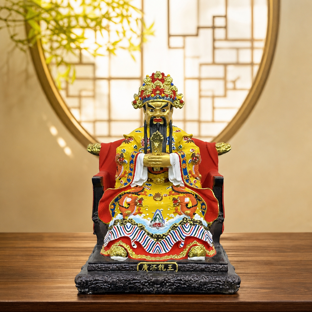 彩绘五爷神像家用供奉广济龙王财神爷凤冠客厅黄铜佛像摆件