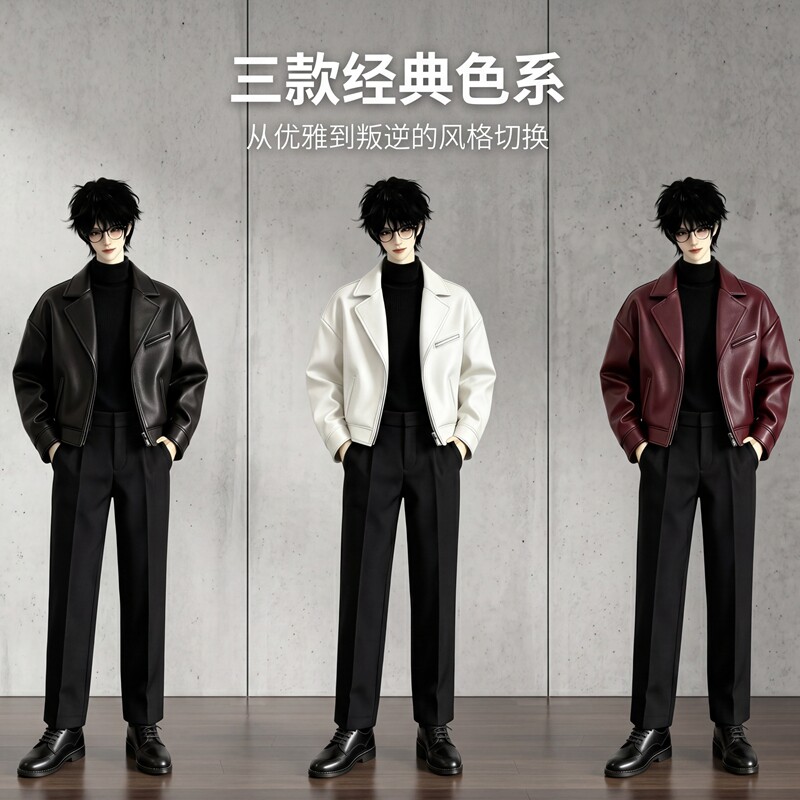 BJD娃衣3分4分6分黑白机车皮衣套装高领打底西裤叔体/id75男帅气图片