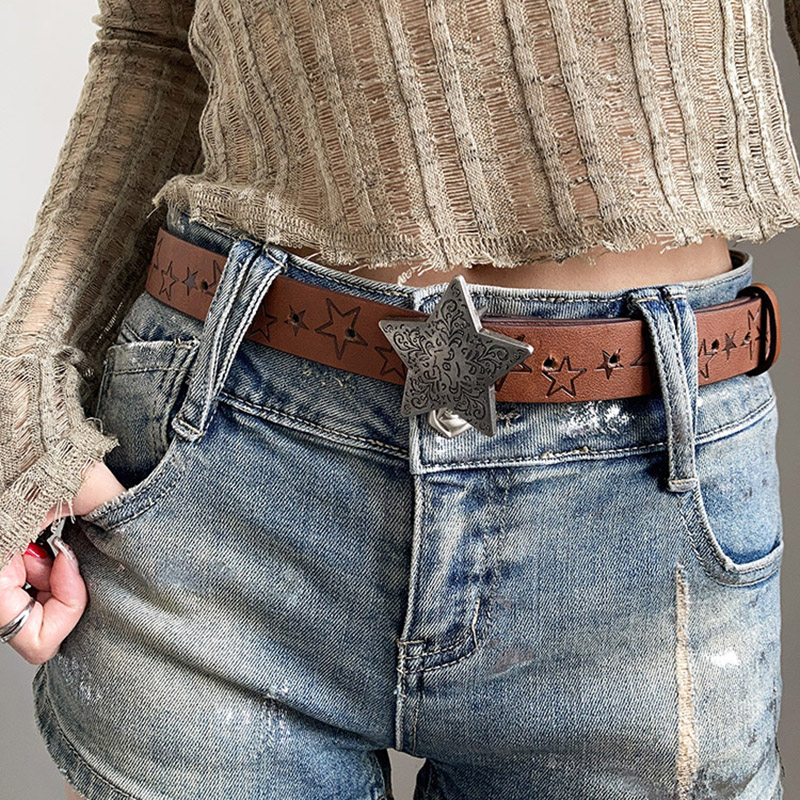 重工雕花五角星棕色皮带女设计感配裙子腰带小众百搭压花牛仔裤带