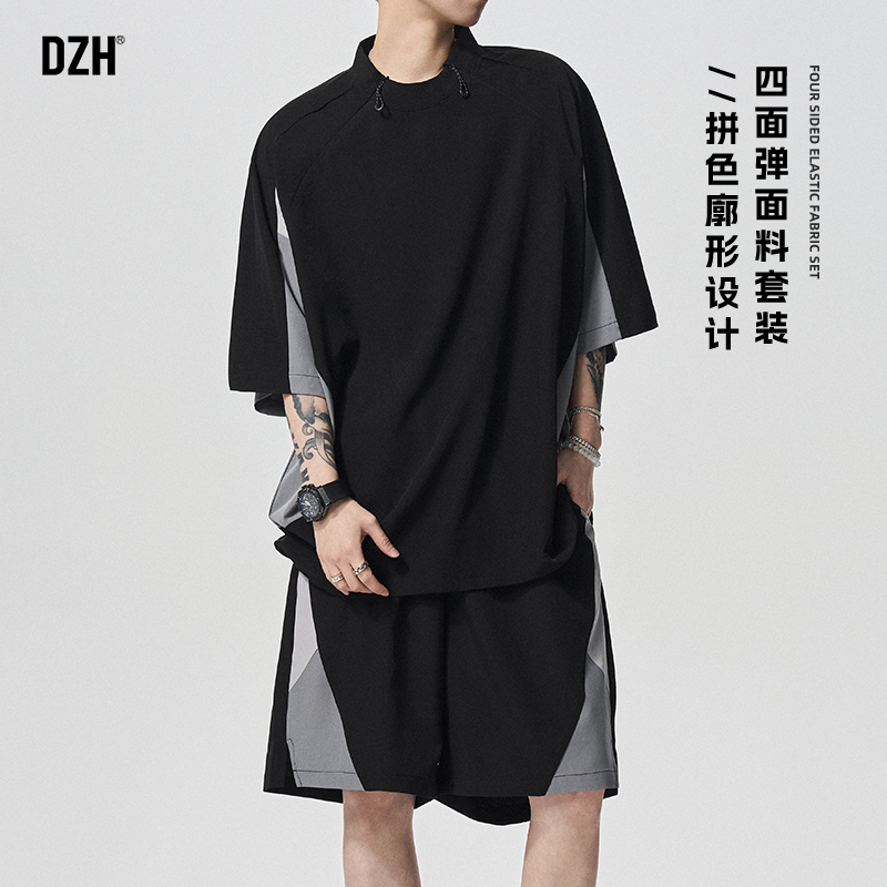 青少年黑色休闲套装男夏季外穿短裤工装短袖t恤宽松上衣2025新款