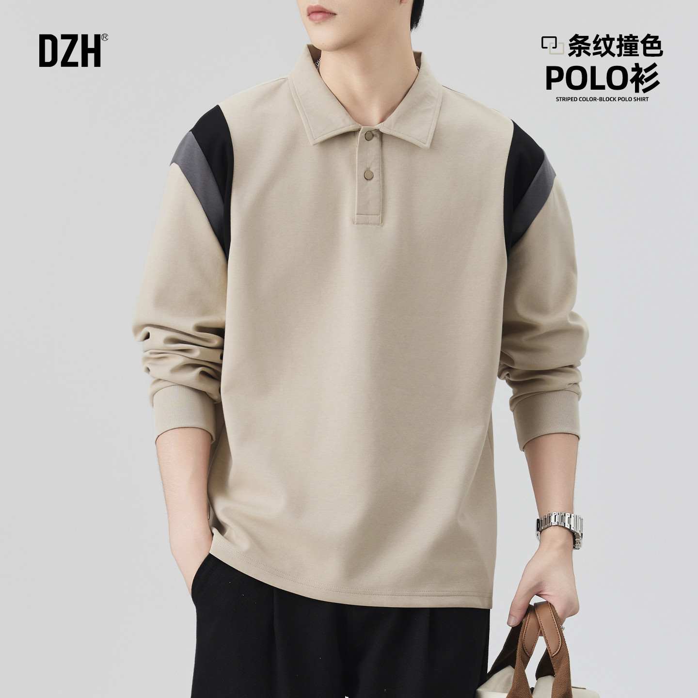 青少年卡其色上衣男装美式长袖男t恤2026新款春打底衫内搭polo衫