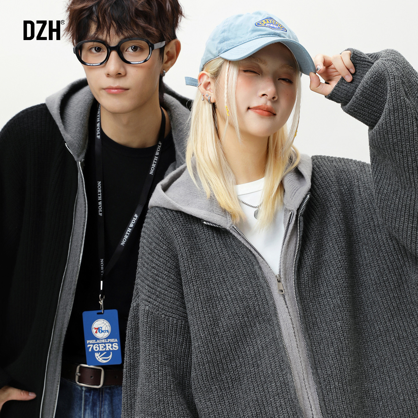 情侣双拉链开衫毛衣男连帽美式潮牌2025新款假两件针织衫秋冬帽衫