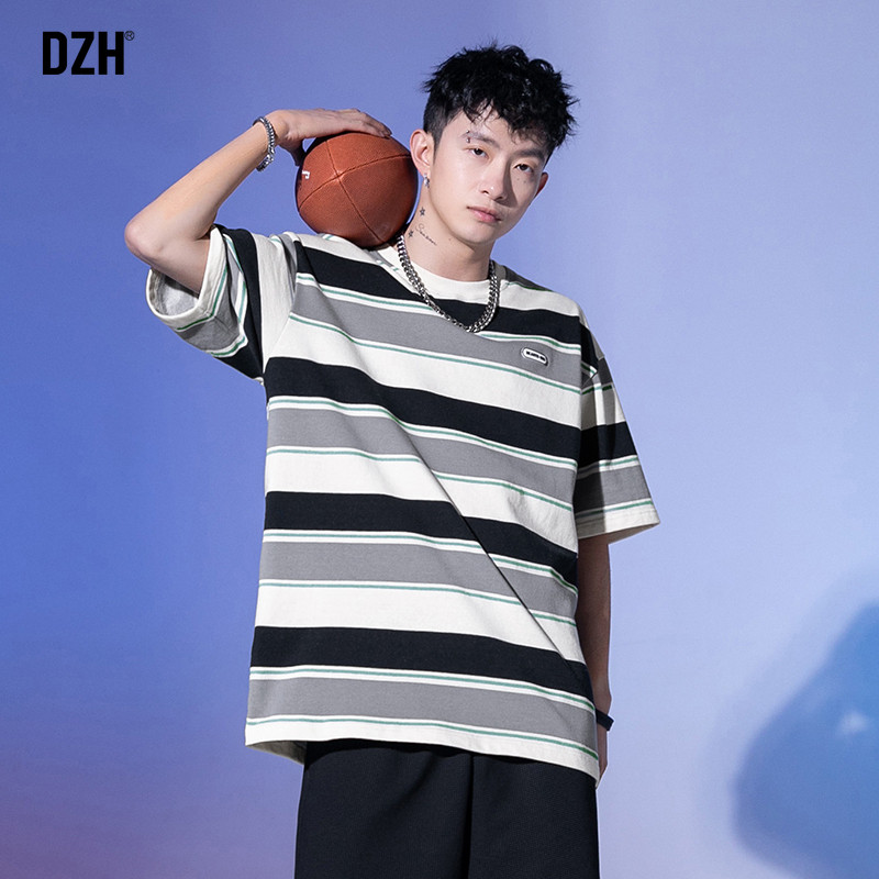 男生运动条纹t恤男短袖潮牌2026新款夏季男装美式圆领上衣体恤衫