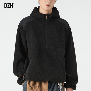 男士黑色半拉链摇粒绒卫衣男款冬季连帽上衣帽衫冬装2025新款男装
