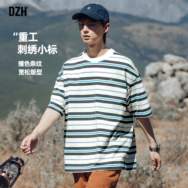 青少年条纹t恤男夏季宽松短袖情侣装夏装半袖上衣2026新款体恤衫