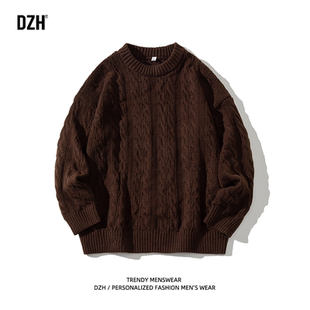 男士咖啡色圆领毛衣男冬季加厚针织衫上衣毛线衣2025新款麻花毛衫