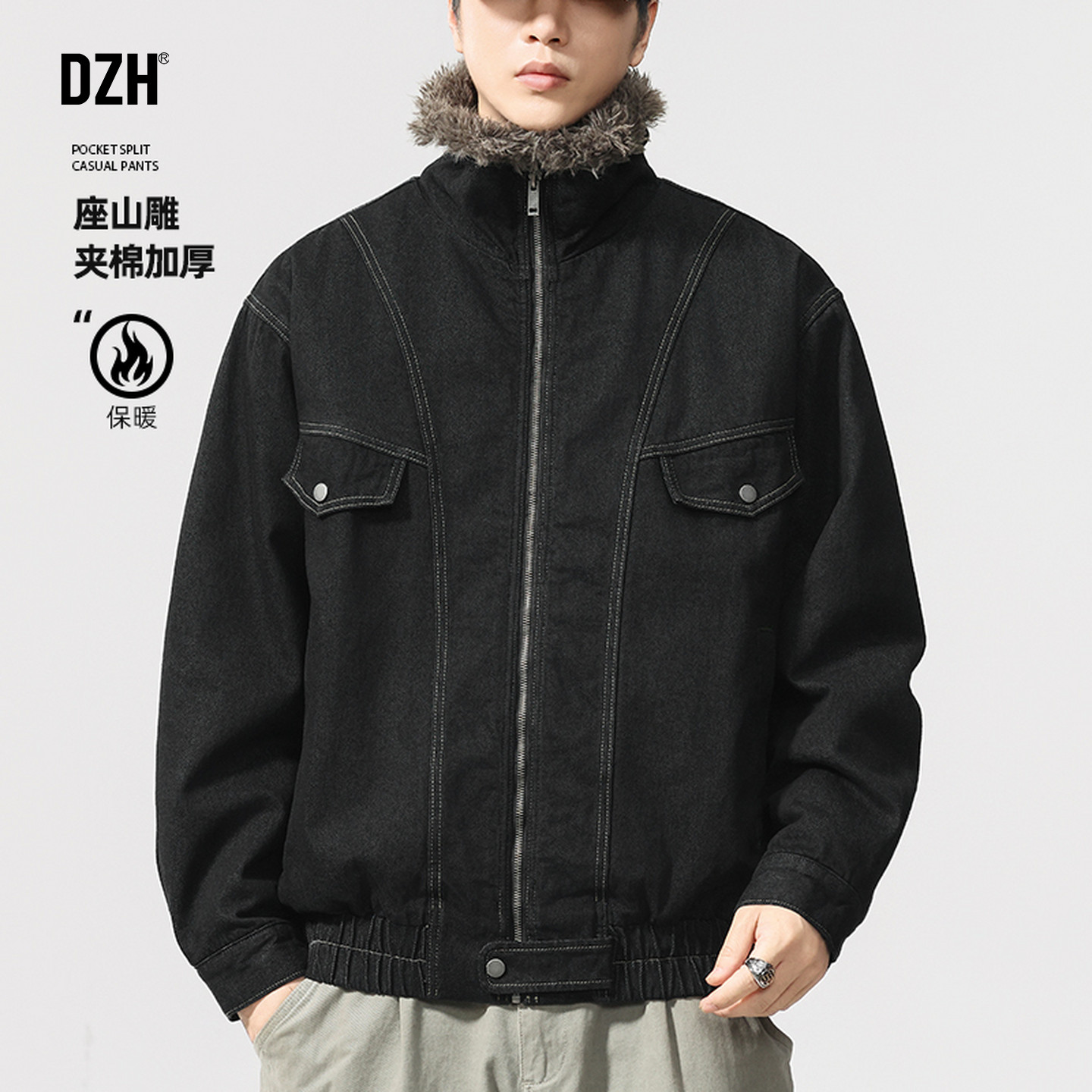 男士座山雕毛领夹棉厚外套男青少年立领棉服2025新款冬季美式棉衣