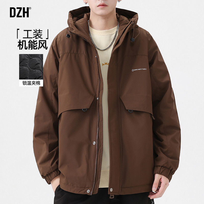 男士咖啡色冲锋衣男冬季加棉加厚2026新款工装棉衣外套男款登山服