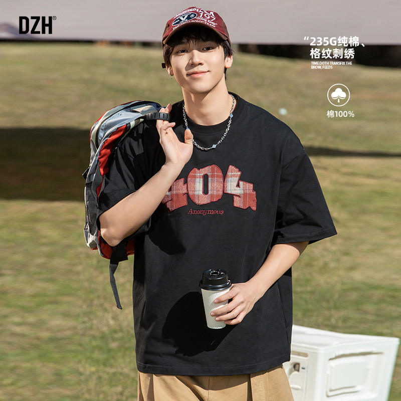 男士格纹刺绣短袖男款美式2025新款重磅纯棉t恤夏季半袖上衣潮牌