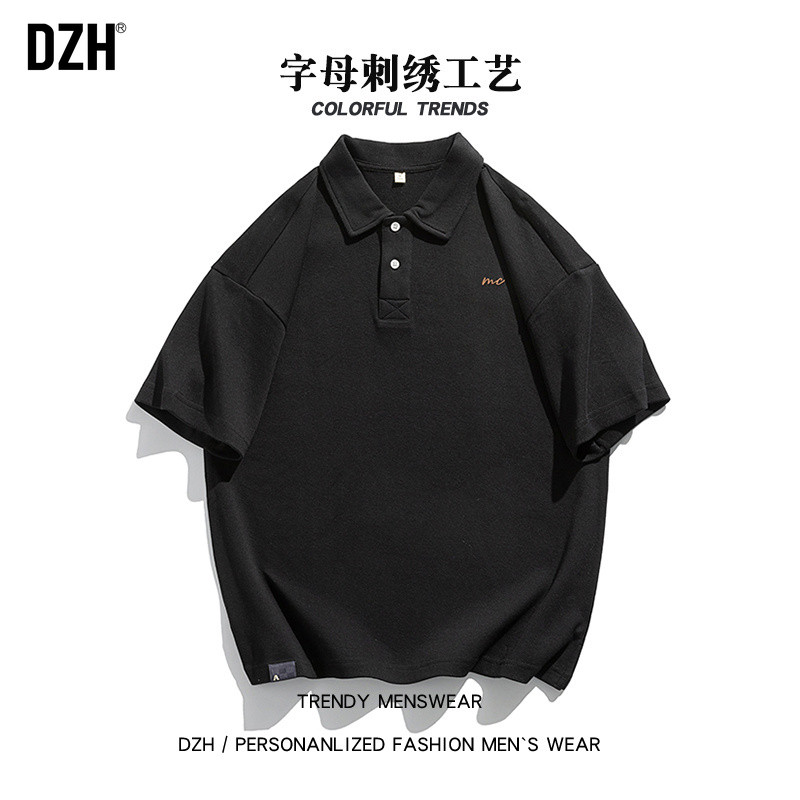 男士刺绣黑色polo衫男夏季短袖男款美式男装宽松上衣半袖2025新款