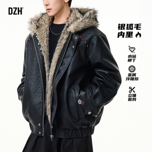 男士冬季黑色银狐毛加绒夹克外套男款加厚2025新款设计感上衣皮衣