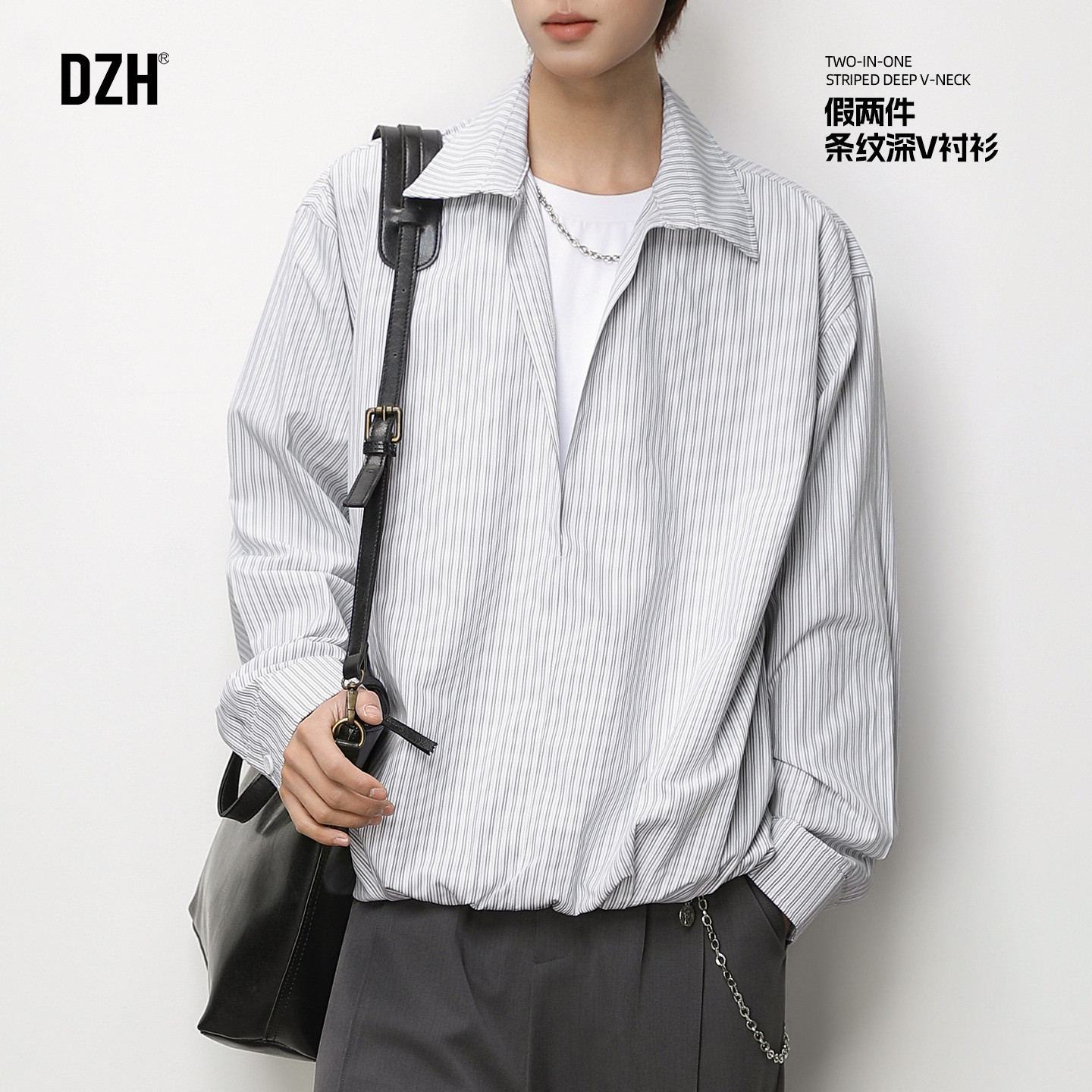 男生春季条纹假两件衬衫男长袖2026新款深v休闲上衣男款衬衣外套