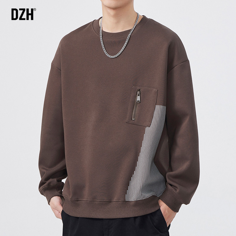 男士咖啡色圆领卫衣男春秋款痞帅高级感上衣休闲外套2025新款男装