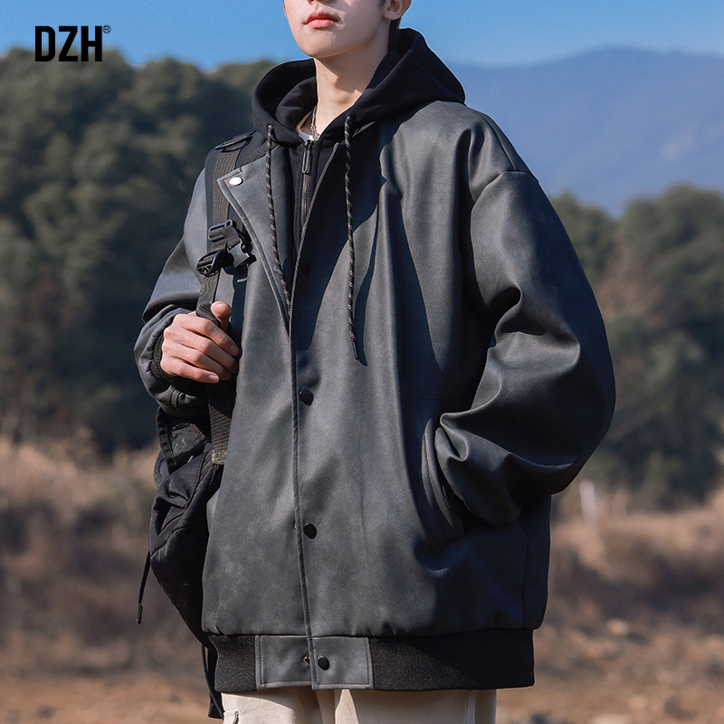 男生仿PU皮夹克外套男春秋款潮牌2025新款休闲连帽假两件上衣百搭