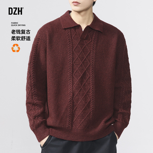 男士红色polo领针织衫男长袖内搭上衣2025新款老钱风翻领毛衣冬季