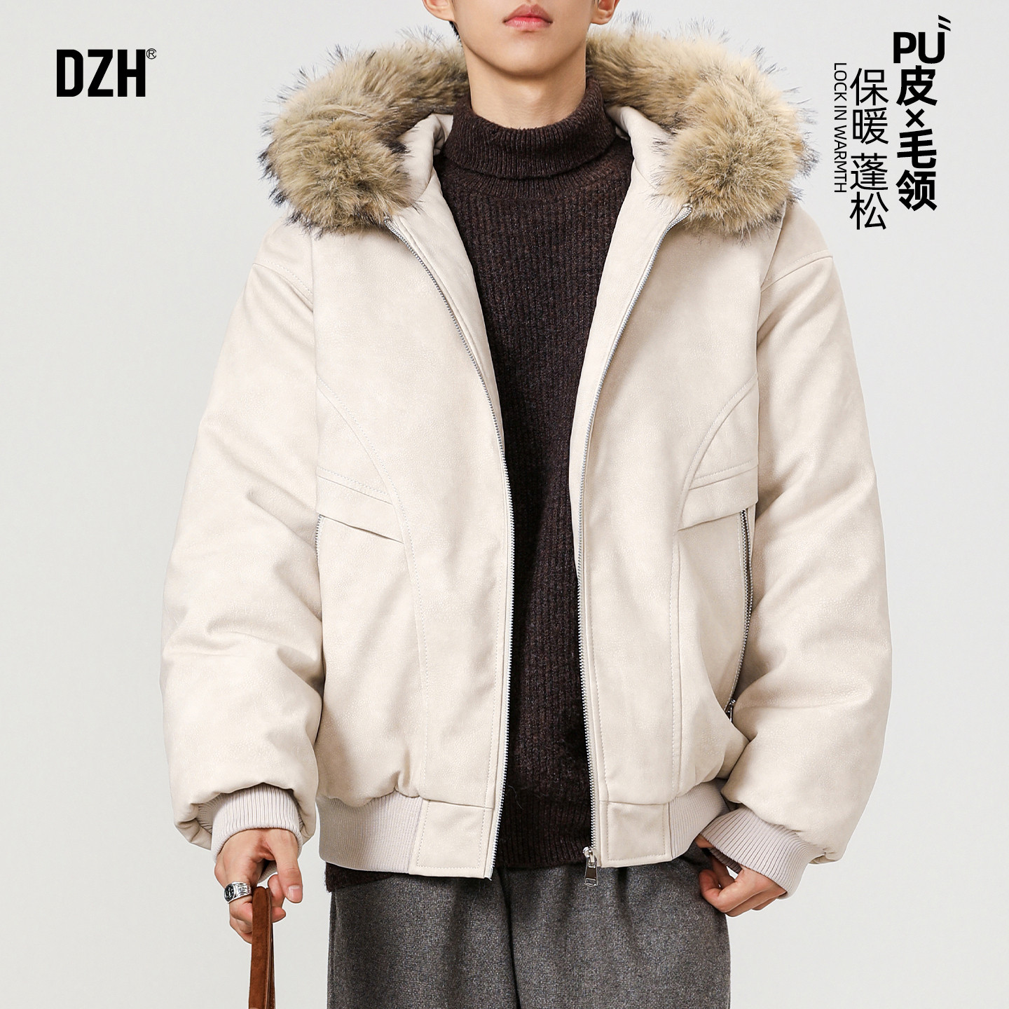 男士冬季毛领夹克PU皮棉服2026新款男生保暖厚外套美式卡其色上衣