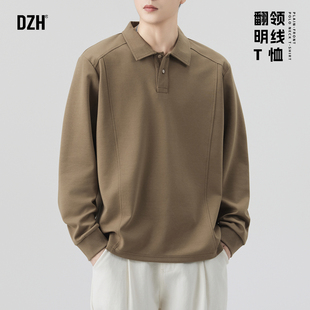 男士卡其色翻领长袖t恤男款2026新款宽松上衣polo衫潮牌春季穿搭